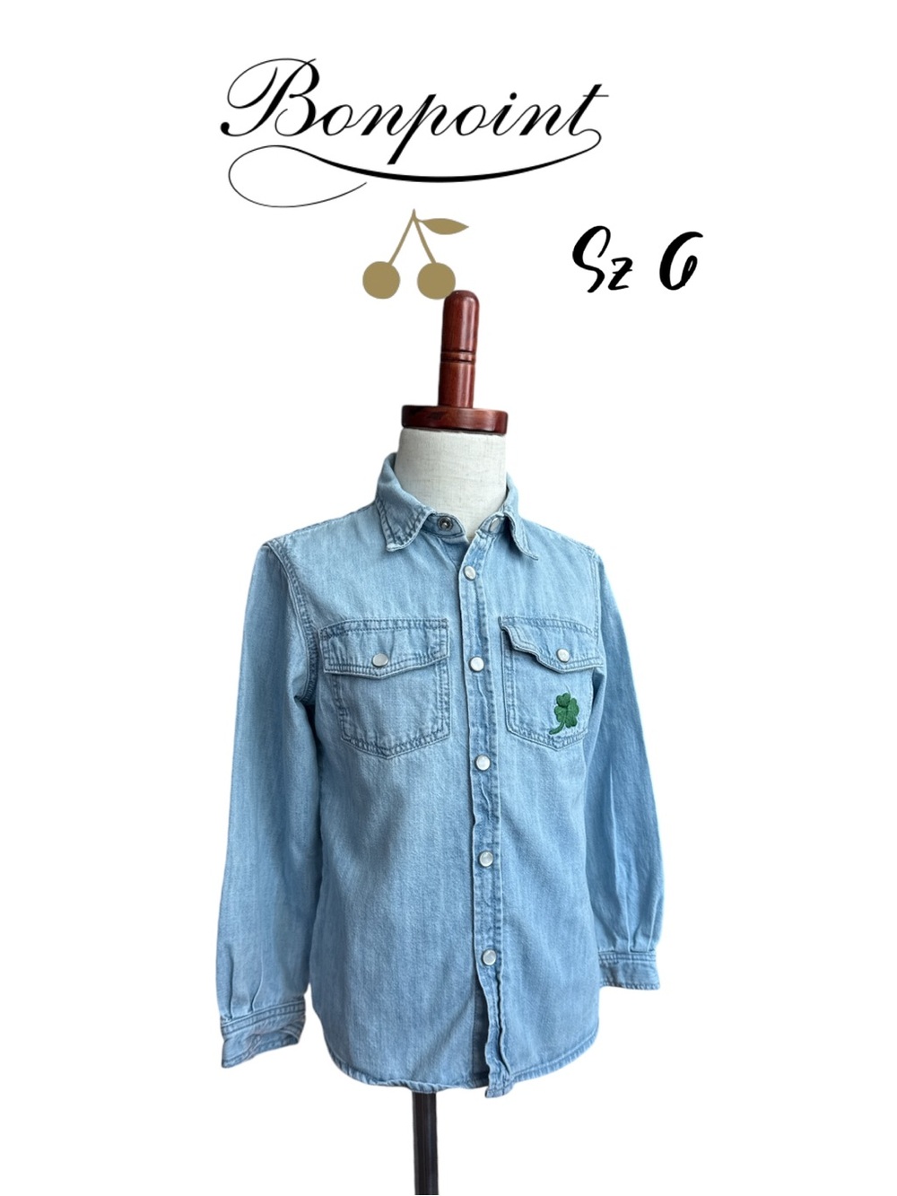 Bonpoint Light Blue Denim Button-Down Shirt with Green Clover - Kids sz 6